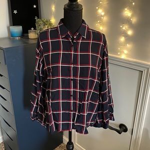 Navy, Red, White Plaid Button Up Shirt